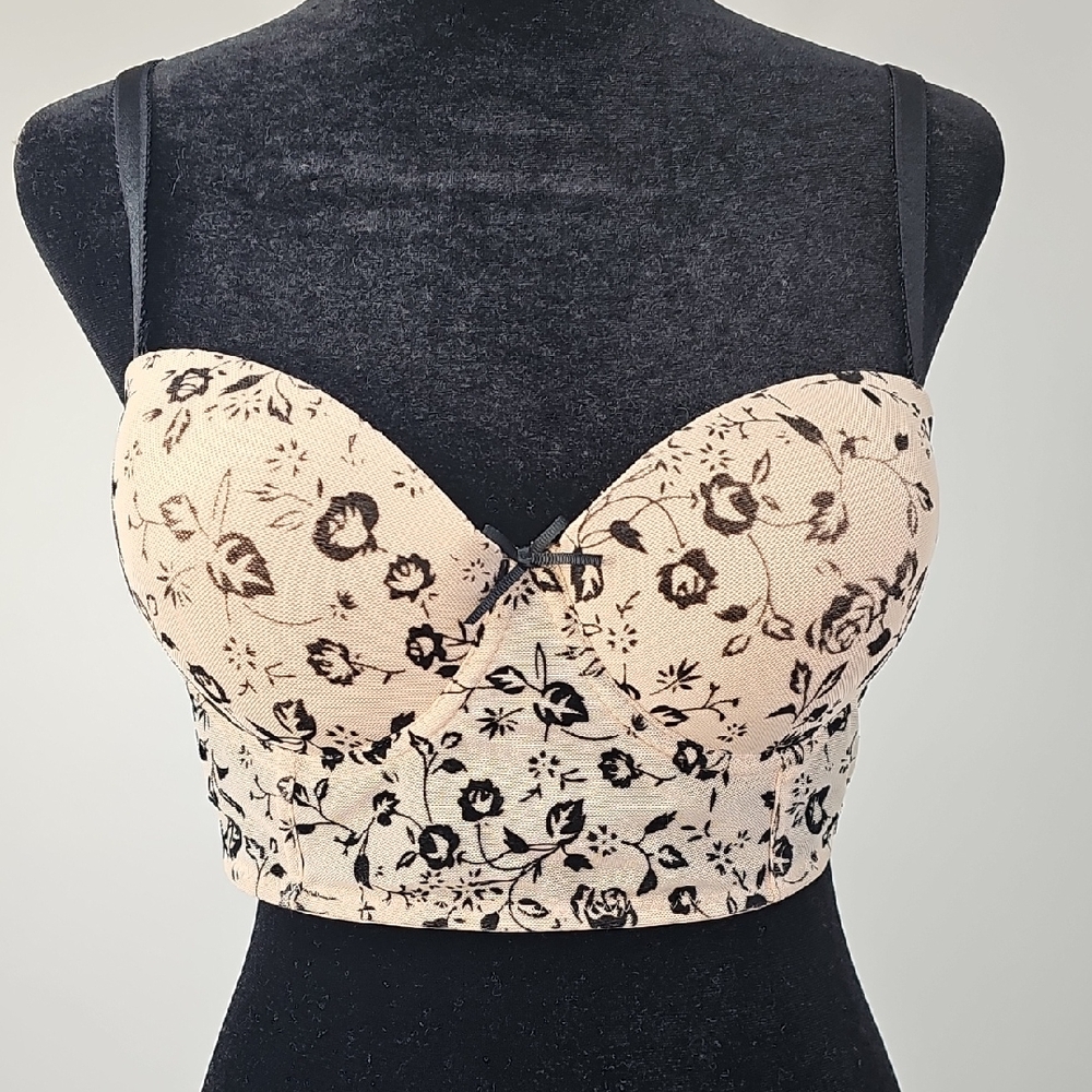Bustier Cream w Black Floral Print Sweetheart Strapless Sexy Corsette Push Up